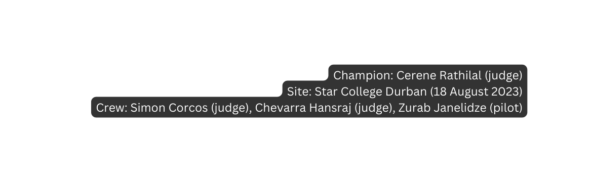 Champion Cerene Rathilal judge Site Star College Durban 18 August 2023 Crew Simon Corcos judge Chevarra Hansraj judge Zurab Janelidze pilot